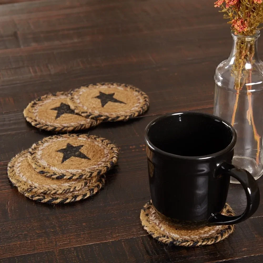 NEW! Primitive Black Star Jute Braided Coaster Set of Six Farmhouse Country
